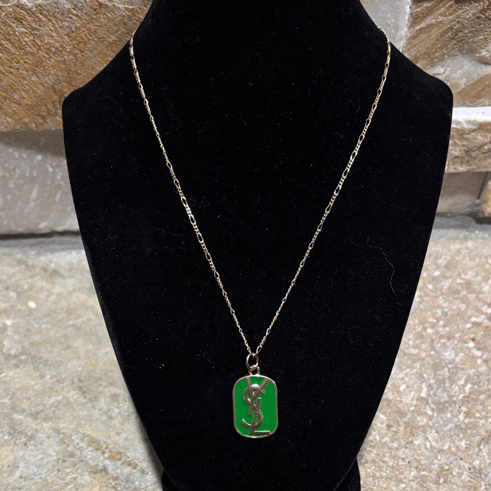 Gold and Green YSL Pendant Necklace
